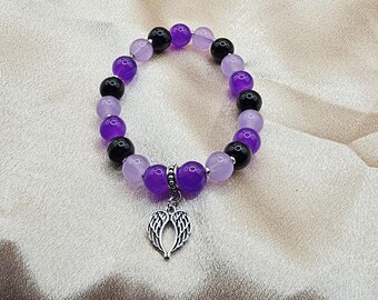 Purple & Black Beaded Bracelet | Silver Angel Wing Charm | Handmade Dark Coquette Angelcore Jewellery Australia