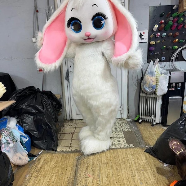 Bunny Mascot Costume, Fluffy Rabbit Full Body Suit