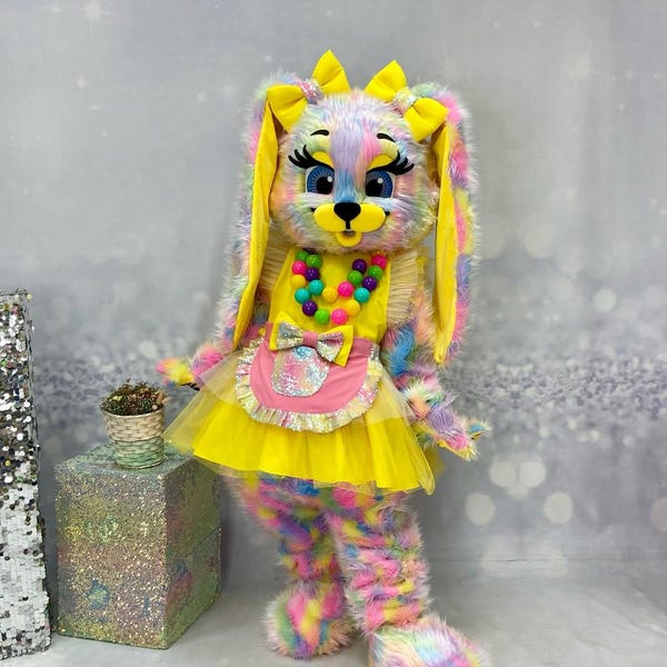Rainbow Bunny Mascot Costume, Cute Fluffy Full Body Mascot Suit for Party