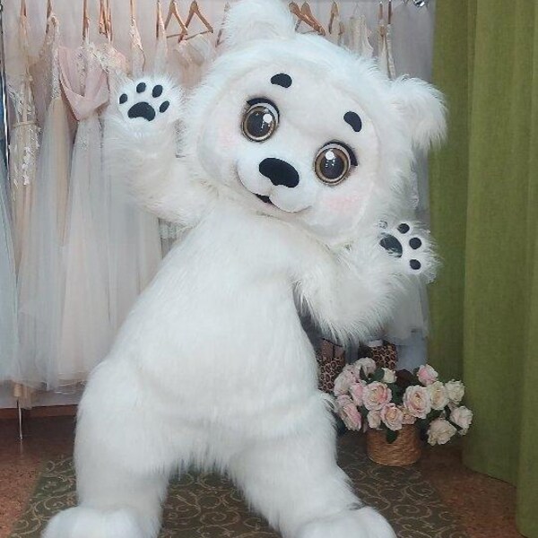 Fluffy White Bear Mascot Costume, Adult Size Party Suit