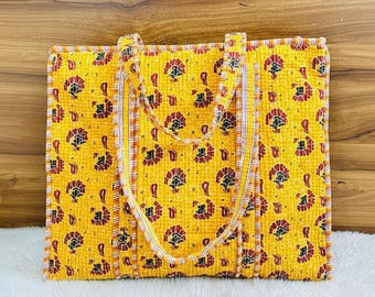 Yellow Floral Quilted Cotton Shoulder Tote | Handmade Bright Boho Flower Market Bag