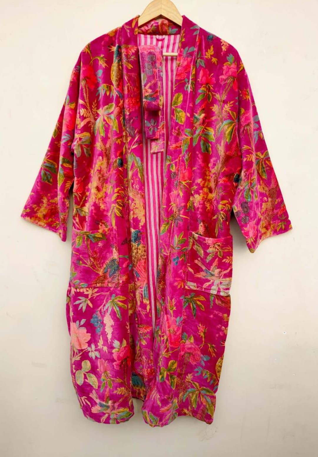 Floral Velvet Kimono Robe – Pink Satin Loungewear With Pockets - Etsy