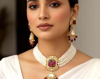 Kundan Polki Bridal Choker Necklace Set | Emerald, Pearl, Indian Wedding Jewellery
