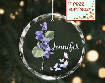 Personalized Birth Month Flower Glass Ornament, Custom Holiday Keepsake with Name Ornament, Christmas Gift, Birthflower Ornament