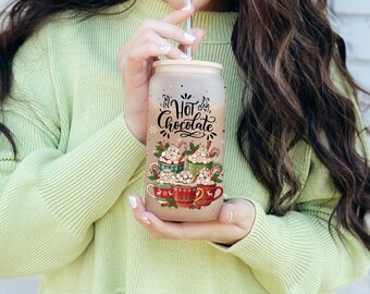 Hot Cocoa Christmas Glass Cup, Christmas Glass Tumbler with Bamboo Lid and Straw, Holiday Coffee Cup, Christmas Family Gift Idea