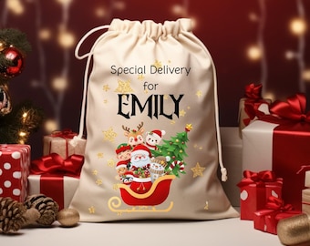 Personalised Christmas Bag, Santa Gift Bag for Kids Christmas, Special Delivery Christmas Santa Sack with Name, Christmas Gift