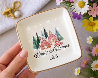 Porte-bague de Noël personnalisé avec noms, plateau à bijoux personnalisé cadeau de vacances, porte-bague de Noël pour couple, cadeau de Noël