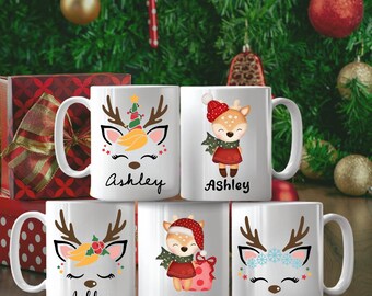 Reindeer Christmas Mug, Personalized Christmas Mug with Name, Cute Holiday Hot Cocoa Cup, Family Holiday Gift, Custom Christmas Mug