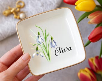 Personalized Birthflower Jewelry Dish, Birthflower Ring Dish, Birthday Gift, Custom Name Jewelry Dish, Bridesmaid Gift, Christmas Gift