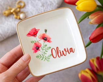 Personalized Birth Flower Jewelry Dish, Birth Flower Ring Dish, Birthday Gift, Custom Name Jewelry Dish, Dainty Jewelry Dish,Bridesmaid Gift