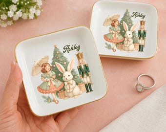 Nutcracker Christmas Bunny Trinket Dish, Holiday Jewelry Holder, Festive Ceramic Ring Dish, Christmas Gift for Her, Retro Nutcracker Scene
