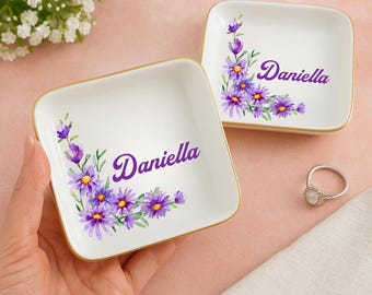 Personalized Birth Flower Jewelry Dish, Birth Flower Ring Dish, Birthday Gift, Custom Name Jewelry Dish, Dainty Jewelry Dish, Christmas Gift