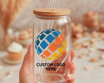 Custom Logo Glass Cup with Lid & Straw, Company Branded Iced Coffee Tumbler, Corporate Holiday Gift Bulk Order, Perfect Employee Gift