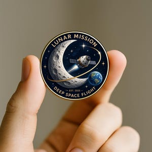 May include: A round, gold-edged Lunar Mission badge featuring a crescent moon, a spacecraft, and the Earth. The badge has the text "LUNAR MISSION" at the top and "DEEP SPACE FLIGHT - EST. 2025" at the bottom, set against a starry background.
