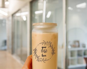 Personalized Glass Cup With Logo, Custom Clear and Frosted 16oz Glass Tumbler, Company Logo Cup, Corporate Gift Coffee Cups, Christmas Gift