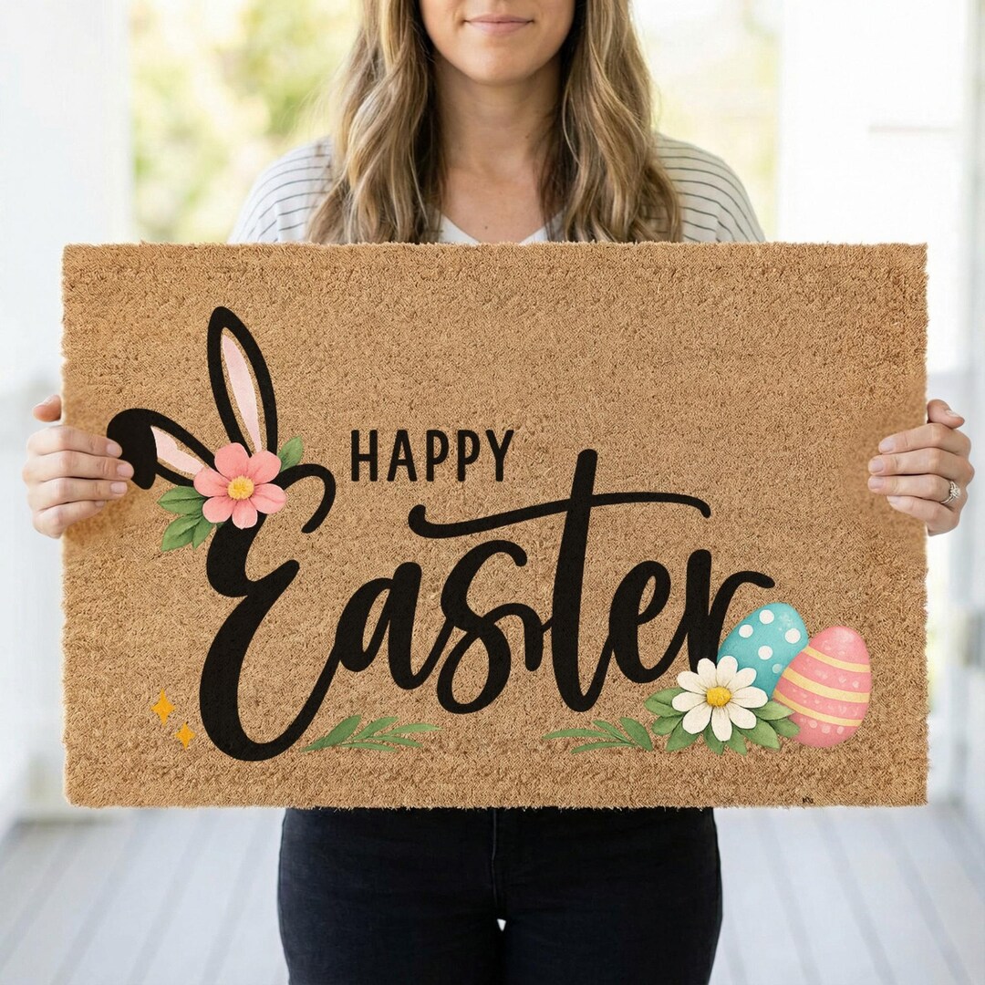 Happy Easter Rug Happy Easter Doormat, Bunny Floral Easter Welcome Mat, Spring Front ...