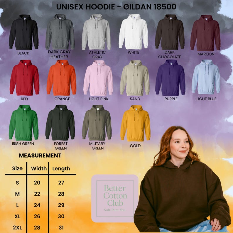 May include: Image of a range of unisex hoodies in colours such as black, grey, white, red, and green. A size chart shows measurements in inches, with the width of a small hoodie at 20 inches (50.8 cm). The text "Better Cotton Club" is also visible.