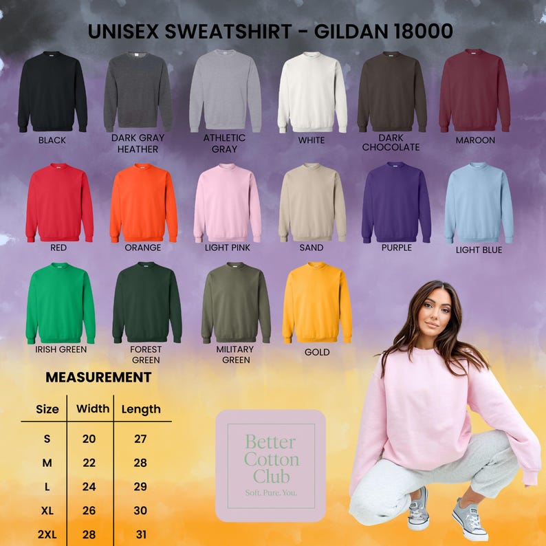 May include: A selection of Gildan 18000 unisex sweatshirts in colours like black, dark grey, white, red, orange, and green. The image includes a measurement chart, with sizes from S to 2XL, widths from 50.8 to 71.1 cm and lengths from 68.6 to 78.7 cm.