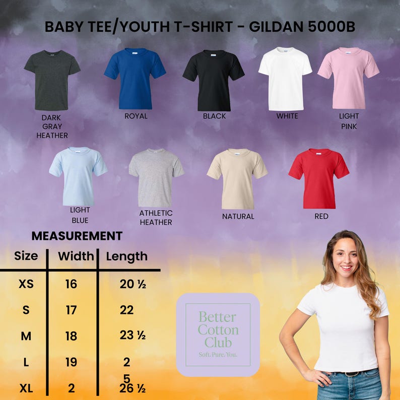 May include: A selection of Gildan 5000B baby and youth t-shirts in various colours. The colours shown are dark grey heather, royal blue, black, white, light pink, light blue, athletic heather, natural, and red. Measurements are provided in inches.
