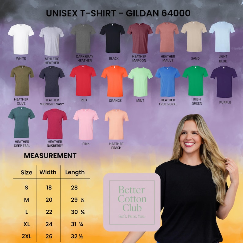 May include: A display of Gildan 64000 unisex t-shirts in various colors, including white, black, red, and heather gray. The image also shows a size chart with measurements in inches, and the Better Cotton Club logo.