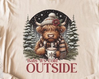 Cute Highland Cow Christmas Tree Shirt, Hot Cocoa Cozy Winter Fluffy Cow Xmas Holiday Tee, Trendy Highland Cow Xmas Sweatshirt