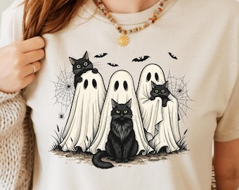 Unisex Cat T-Shirt, Halloween Cat Shirt,Cat Lover Halloween Gift, Spooky Season Cat Shirt,Cozy TShirt for Cat Lover, Black Cat Halloween Tee