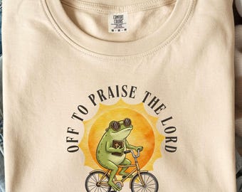Comfort Colors Christian T-Shirt, Unisex Garment-Dyed Tee, Funny Frog Off To Praise The Lord, Bible Study Shirt, Jesus Church Faith Humor,