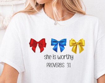 Unisex She Is Worthy Christian T-Shirt: Coquette Bow Tee