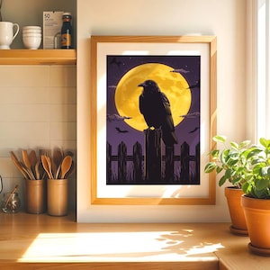 Raven Wall Art – Gothic Halloween Print – Spooky Vintage Bird Decor - Spooky Crow, Moon, Haunted House (Digital Download)