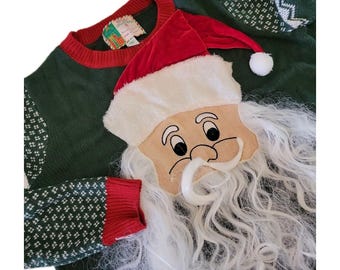 Merry Christmas 3D Santa Beard Ugly Christmas Sweater Men's Size M Green Red