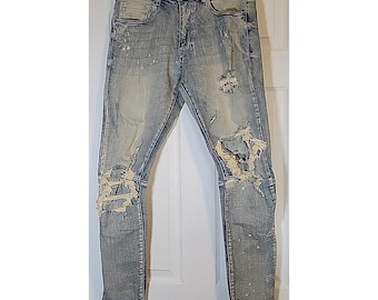 Smoke Rise Jeans Mens 32x32 Blue Skinny Light Wash Distressed Denim Pants Y2K
