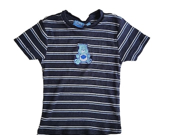 Vintage Y2K Care Bears Girls Grumpy Bear Blue Striped Embroidered Patch Tee XS