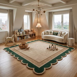 Scalloped Border Kids Playroom Rug, Neutral Green Nursery Area Rug, Montessori Play Mat, Soft Wool Children's Room Carpet