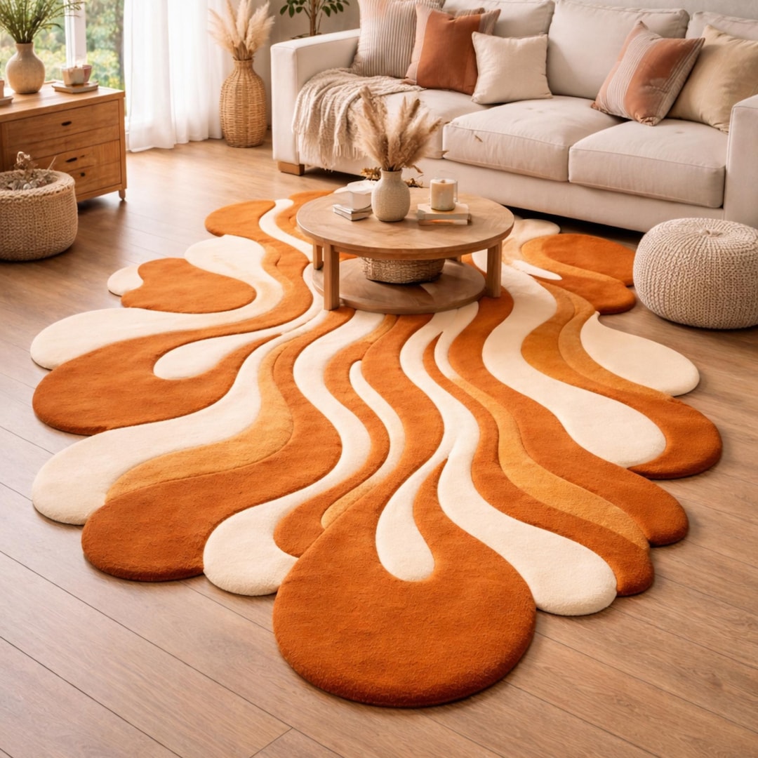 Burnt Orange Wavy Abstract Rug | Hand Tufted Wool Organic Shape Living ...