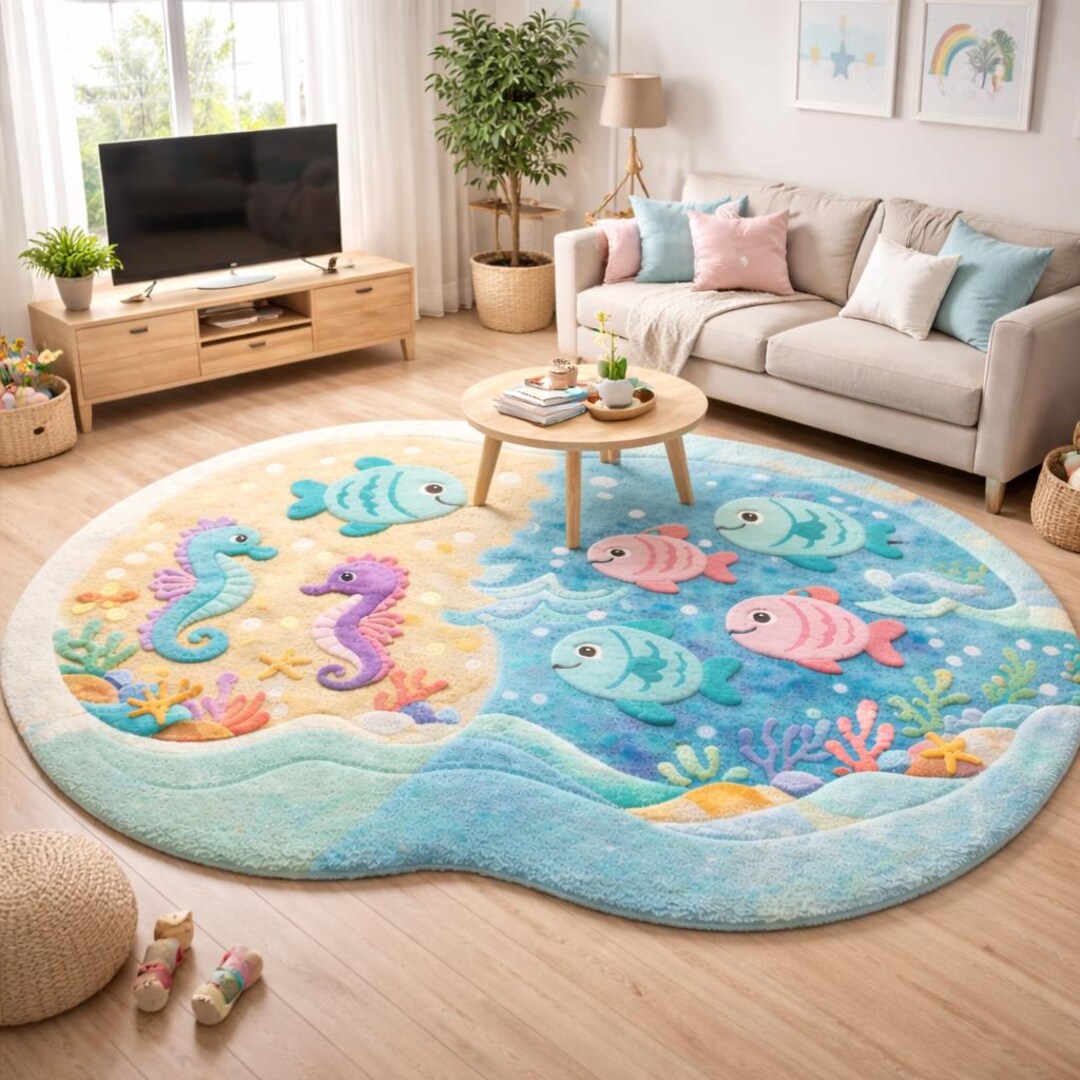 Ocean Kids Rug | Hand Tufted Wool | Nursery Decor | Custom Sizes Carpet ...