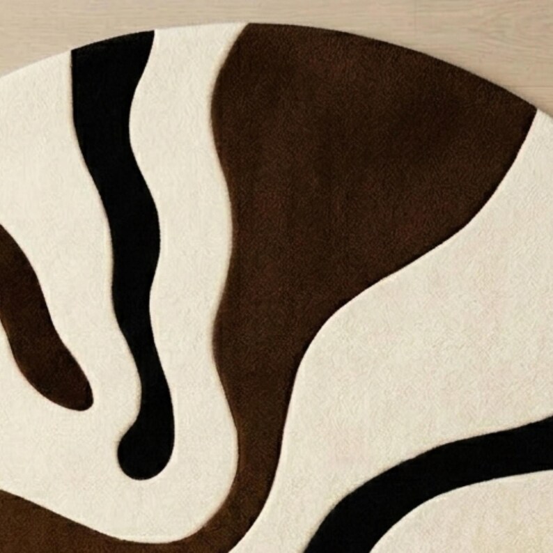 Round Abstract Wavy Swirl Rug | Brown, Black, Cream Plush Floor Decor ...