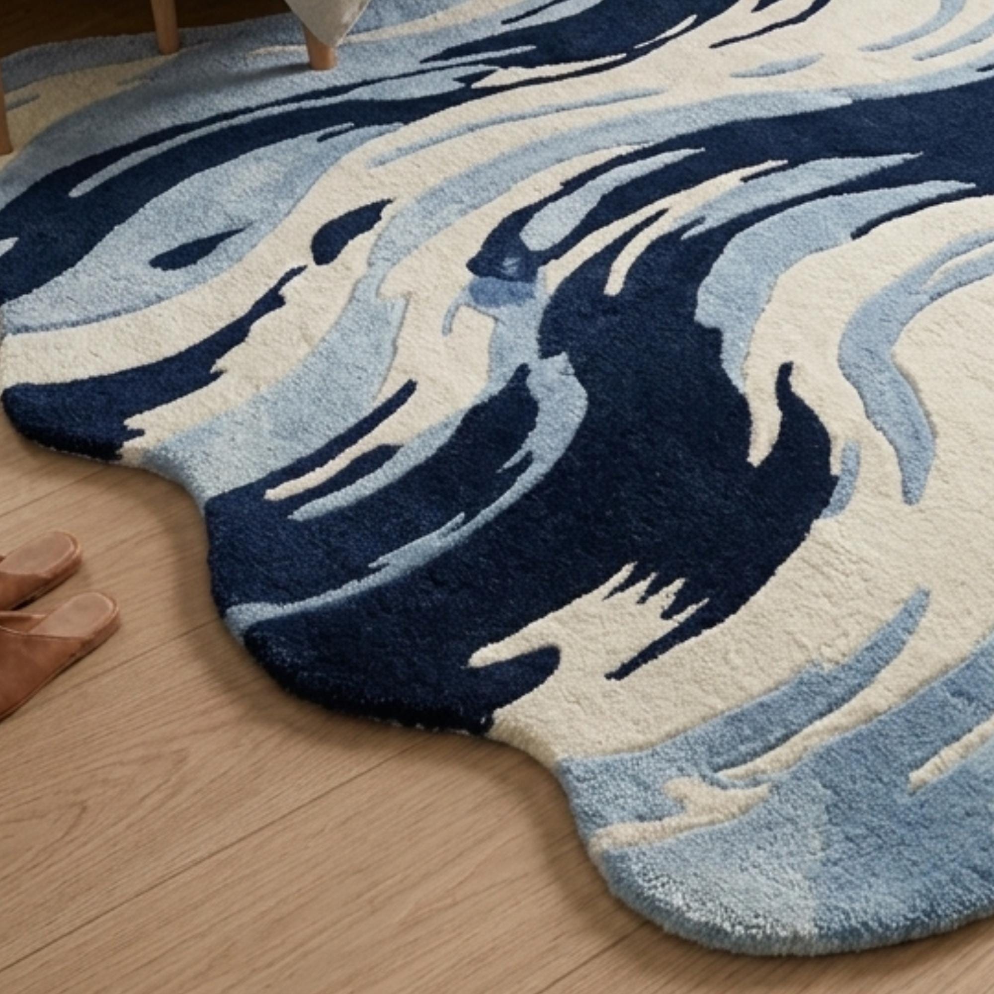 Abstract Wave Area Rug | Hand Tufted Irregular Shape Wool Carpet | Navy ...
