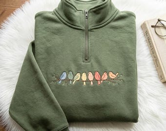 Embroidered Bird Quarter Zip Sweatshirt, Bird Lover Birding Sweater