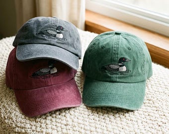 Washed Cotton Cap with Embroidered Loon Bird – Vintage Style Headwear