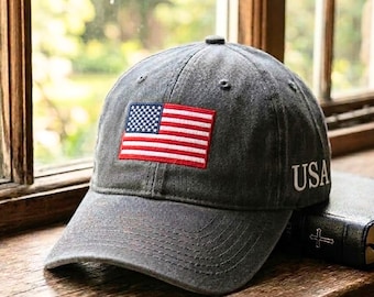 Washed Cotton USA Flag Baseball Cap, Patriotic American Embroidered Hat