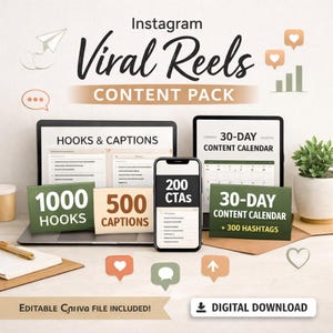 May include: Digital content pack for Instagram Reels, featuring a laptop, tablet, and smartphone. Includes hooks, captions, a 30-day content calendar, and hashtags. The pack also includes 1000 hooks, 500 captions, and 200 CTAs.