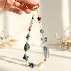 Elegant Blue-Green Beaded Phone strap | Artistic Textured Beads & Gold Accents | Luxe Handmade Bag Charm Strap