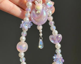 Pastel Purple Pink Phone Strap with Tassel and Bunny on Moon, Star Heart Flower Beads, Cute Phone Charm or Keychain，gift for her