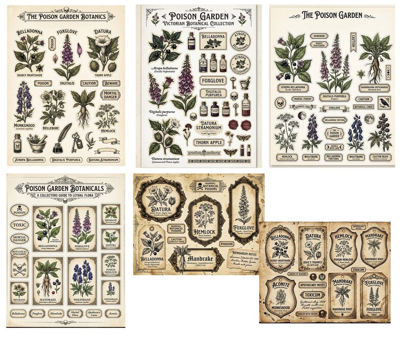 May include: A collection of vintage botanical prints titled "The Poison Garden Botanics." The prints feature detailed illustrations of poisonous plants like Belladonna, Foxglove, and Datura, with labels and decorative elements. The color palette is muted with sepia tones.