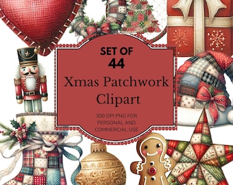 Watercolor Christmas Patchwork Clipart, Holiday Designs (Digital Download)