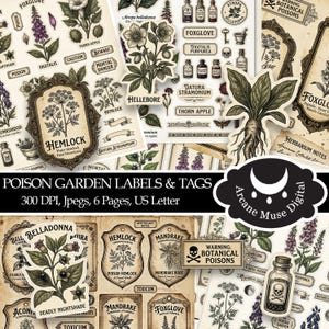 May include: A collection of vintage-style poison garden labels and tags. The designs feature botanical illustrations of poisonous plants, apothecary bottles, and warning labels. The color palette includes sepia tones, with accents of purple and green.