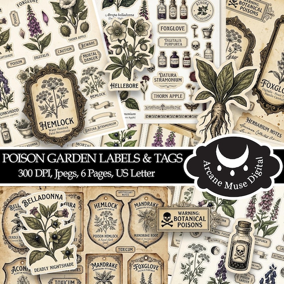 Poison Garden Ephemera & Labels | Victorian Botanical Flowers | Junk Journal Graphics | Gothic Botanical PNG