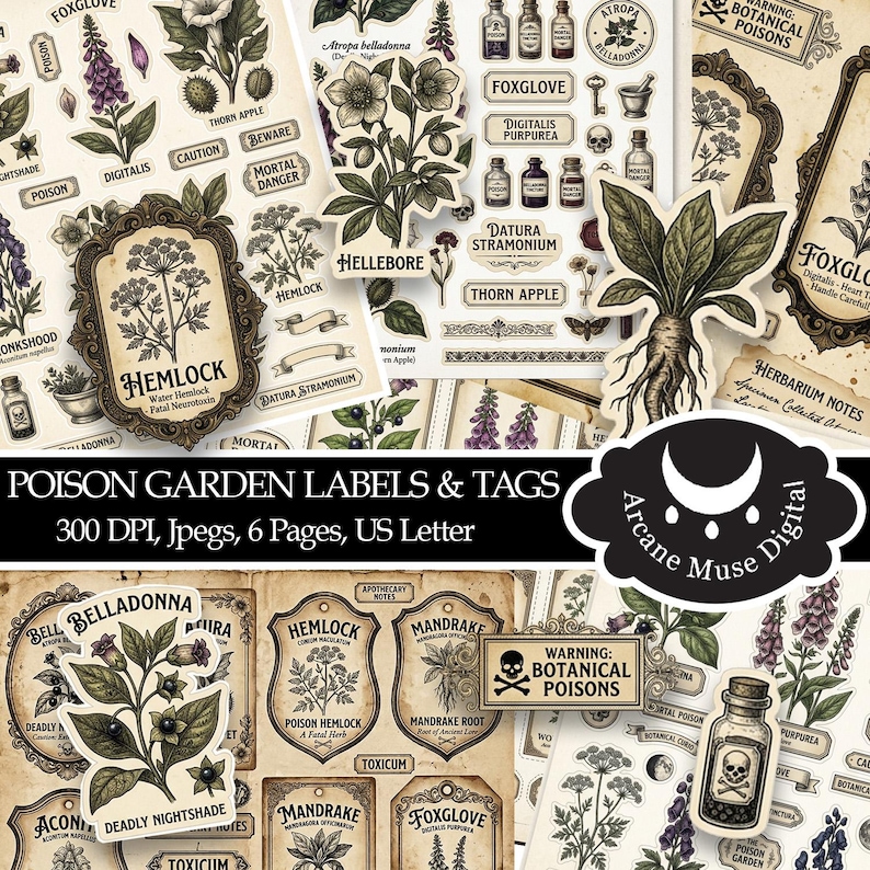 May include: A collection of vintage-style poison garden labels and tags. The designs feature botanical illustrations of poisonous plants, apothecary bottles, and warning labels. The color palette includes sepia tones, with accents of purple and green.