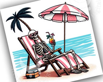 Summerween Skeleton Beach PNG: Funny Lounging Skeleton with Drink Design (Digital Download)