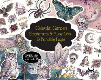 Celestial Garden Ephemera Fussy Cuts Pages:  Moon Moth Dark Academia Floral Graphics, Witchy Whimsical Watercolor Elements, Commercial Use